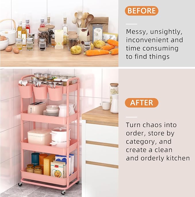 4-Tier Plastic Rolling Storage Cart Utility Cart with Extra Hanging Cups Handles Lockable Wheels for Living Room Bathroom Kitchen Office Pink | Utility Cart with Extra Hanging Cups Arc-Shaped Handles Lockable Wheels for Living Room Bathroom Kitchen Office