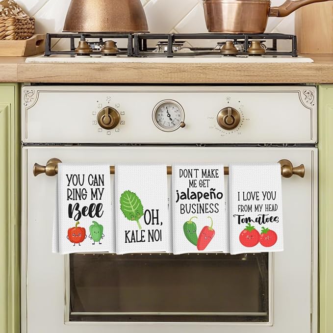 4Pcs Funny Chili Kitchen Towels 24x14 Inch, Chili Pepper Tomato Decor Microfiber Reusable Tea Towels for Kitchen Farmhouse, Durable Waffle Dish Drying Towel, Housewarming Gifts for Women Mom