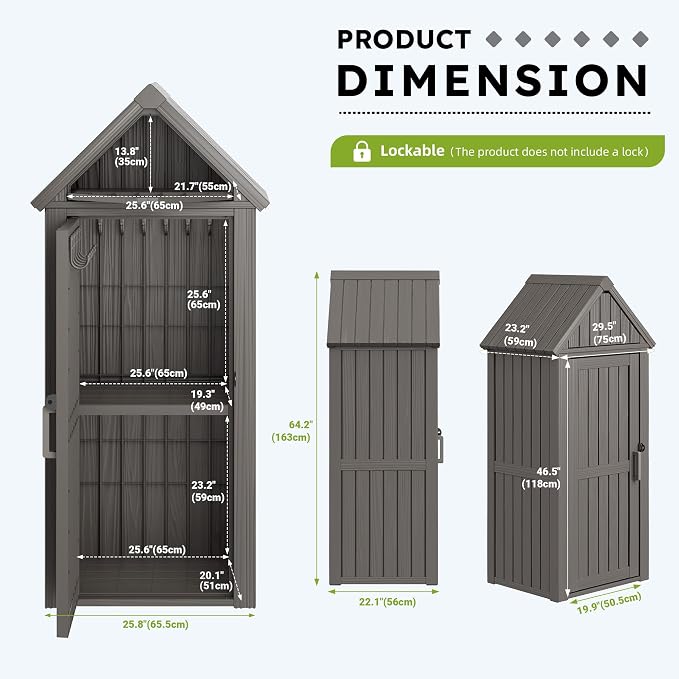 Vertical Outdoor Storage Shed, Waterproof Resin Outdoor Storage Cabinet with Removable Shelves & 12 Hooks, Lockable Small Tool Shed for Garden, Backyard, Patio, Pool, Classic Gray