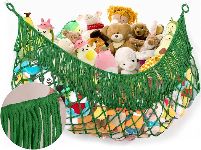 Stuffed Animal Hammock - Extra Large 63'' Long (Emerald green) | Premium Cotton Hand-knitted, Beautiful Long Tassel, Storage Hanging Organizer, Can Fit Stuffed Animals 40 Piece or More