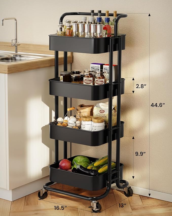 Pipishell Metal 4 Tier Rolling Cart with Handle & 2 Lockable Wheels, Black | Four Large 2" Wheels for Easy Motion, Sturdy Metal, Hold 22 lbs per Shelf, Ideal for Nursery Room, Living Room, Painting Room