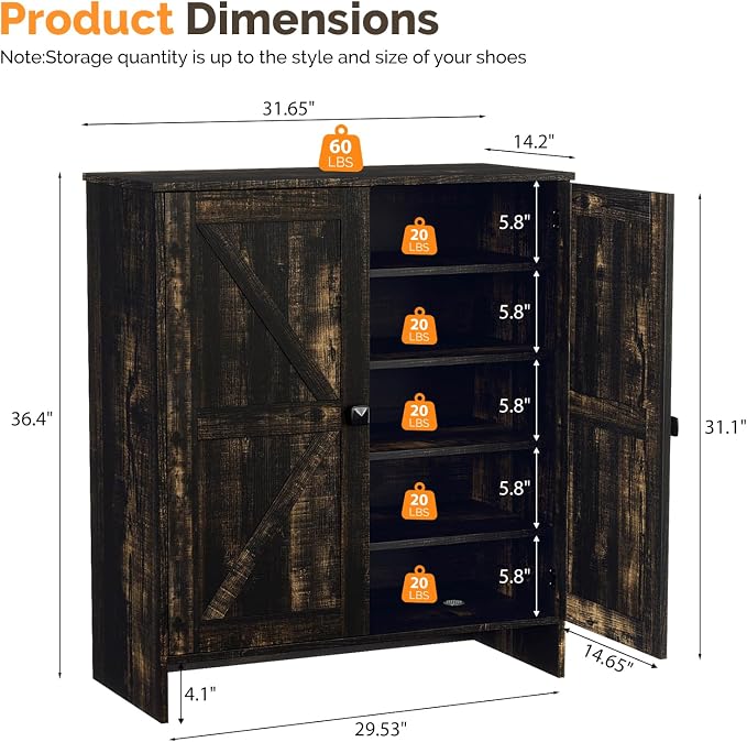 VINGLI Shoe Cabinet with Doors,5 Tier Dark Rustic Oak Wooden Shoe Storage Cabinet for Entryway with Double Barn Doors, Adjustable Shelves, 36.4" Tall Farmhouse Shoe Rack Organizer for Entryway