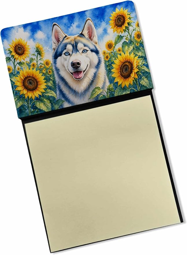 Caroline's Treasures Siberian Husky in Sunflowers Watercolor Sticky Note Holder Refillable Dispenser Desk Accessory 3x3 Pad Gift