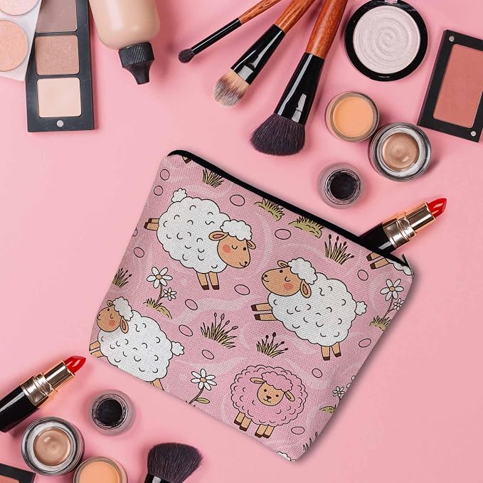 Makeup Bag For Purse Sheep, Farm Animal Weed Flower Sheep Cosmetic Bags For Women With Zipper Travel Toiletry Pouch Makeup Bags Makeup Organizers Purse For Toiletries Cosmetics