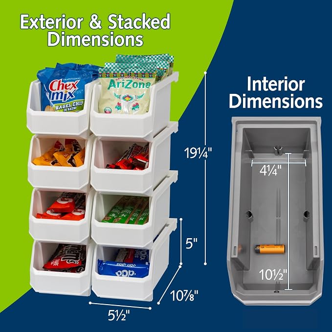 Medium Stackable Plastic Storage Bins, 8-Pack, White | Open-Front Stackable Bins For Garage, Pantry, Closet & Office, 11"L X 5,5"W X 5"H, Nests When Empty, Durable Plastic,
