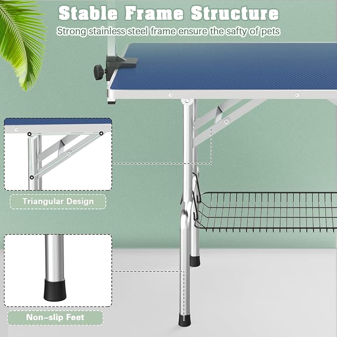 36'' Stainless Steel Pet Dog Grooming Table, Arm/Noose/Tray, Blue | Foldable Dog Grooming Table for Dogs at Home, Adjustable Height Arm, Non-Slip Waterproof Tabletop, Capacity 330Lb