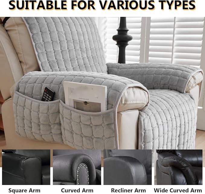 Polyester Flannel Recliner Cover, Non-Slip with 2 Side Pockets | Soft short-pile polyester with silicone backing guards armrests from pet scratches; thick one-piece cover, machine washable.