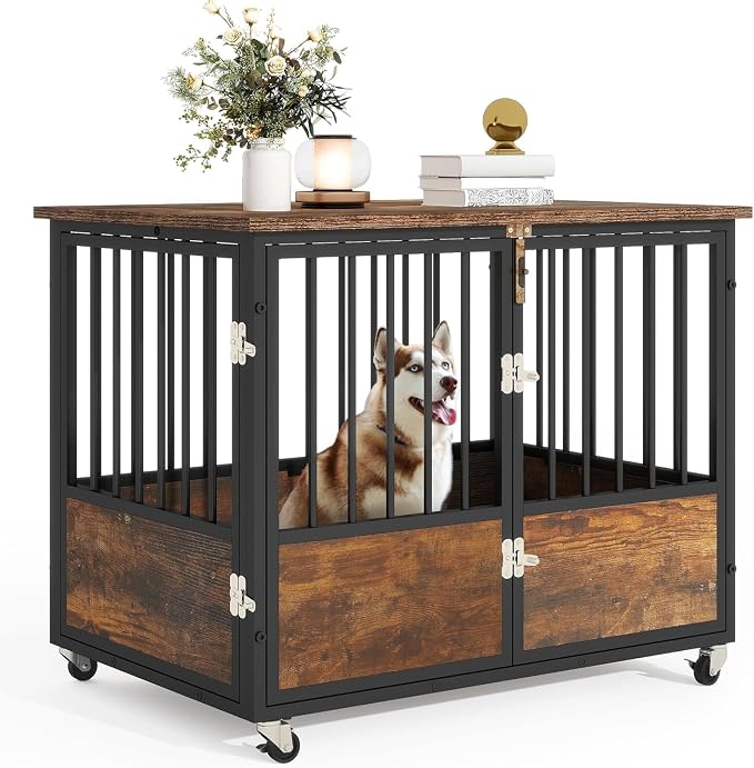 DWVO 38 Inch Dog Crate Furniture with Wheels & Double-Doors | Dog Kennel Indoor Furniture End Table, Farmhouse Decorative Wooden Dog Cage Table, Chew-Resistant, Rustic Brown
