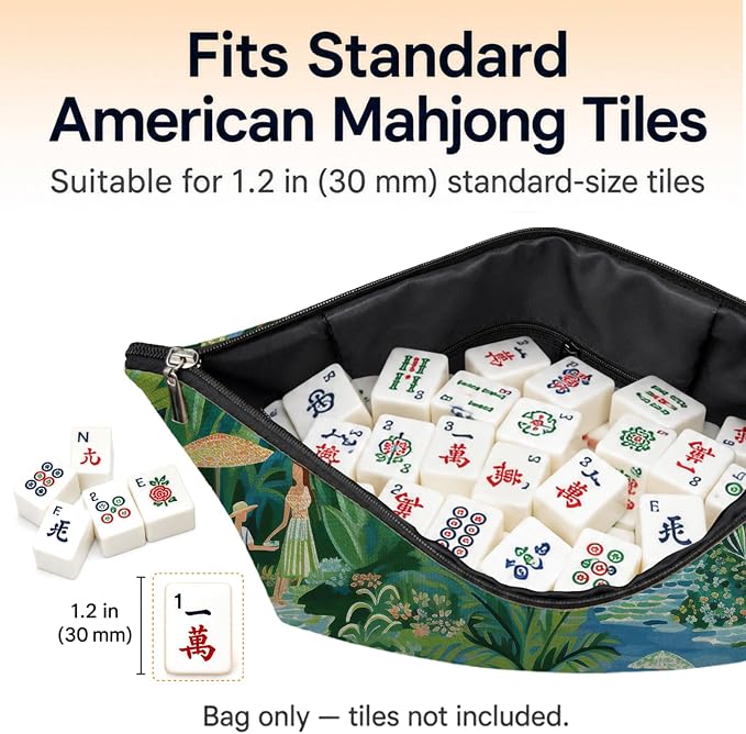 Green Summer Tropical Beach Empty Mahjong Tile Bag 13x7.8 Inch, | Palm Tree Printed Portable Travel Case Organizer Zipper Pouch for American Mahjong Tiles Game Night Accessories and Gifts