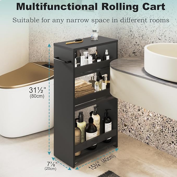MARTY Slim Rolling Storage Cart, Wood Utility Kitchen Bathroom Laundry Cart | 4 Tier Kitchen Cart with Wheels Handle, Laundry Room Organization Between Washer and Dryer, Narrow Storage Cabinet, 8” Wide