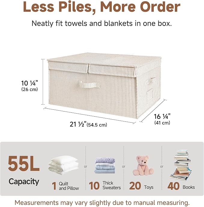 StorageWorks Extra Large Storage Bins with Lids, 55L Decorative Organizer with Divider Board, Fabric Boxes with Handles, Khaki and Beige Stripes, 2-Pack
