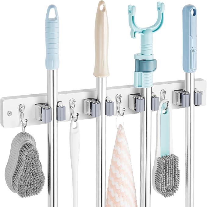 OUTNILI White Mop Broom Holder Wall Mount with 4 Slots & 4 Hooks - Wood Broom Mop Hanger for Pantry Closet Laundry Room Organization - Heavy Duty Garden Tool Organizer - White Kitchen Decor