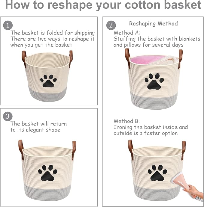 Cotton rope dog toy basket, puppy bins, laundry basket blanket storage bin - Perfect for organizing pet toys, blankets, leashes White Gray