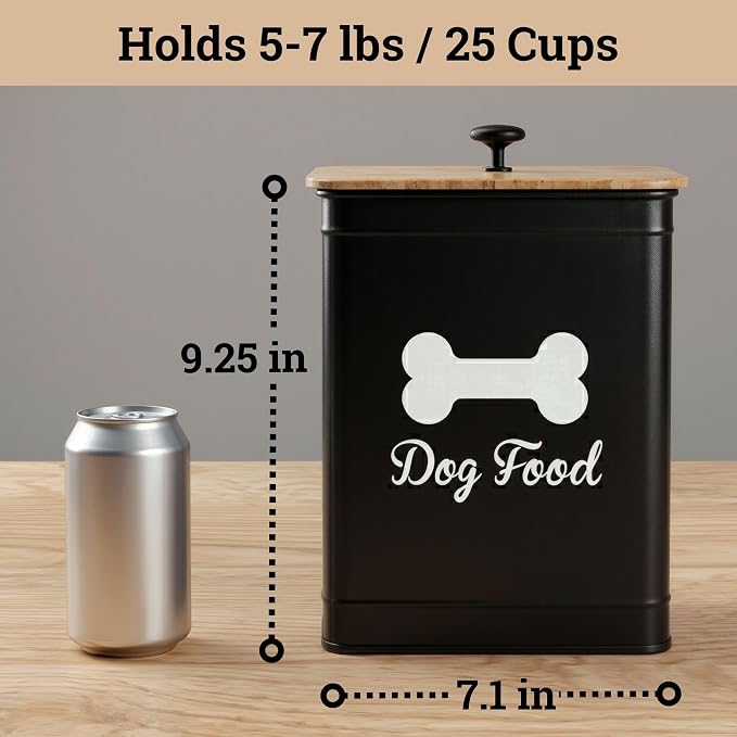 Metal Dog Food Container 5-7lb, 25 Cup w/ Airtight Bamboo Lid, Metal Handle | Pet Jar For Dogs up to 50lbs, Airtight Bamboo Lid, Sturdy Comfortable Metal Handle, Powder Coated Iron, Kibble Storage Bin