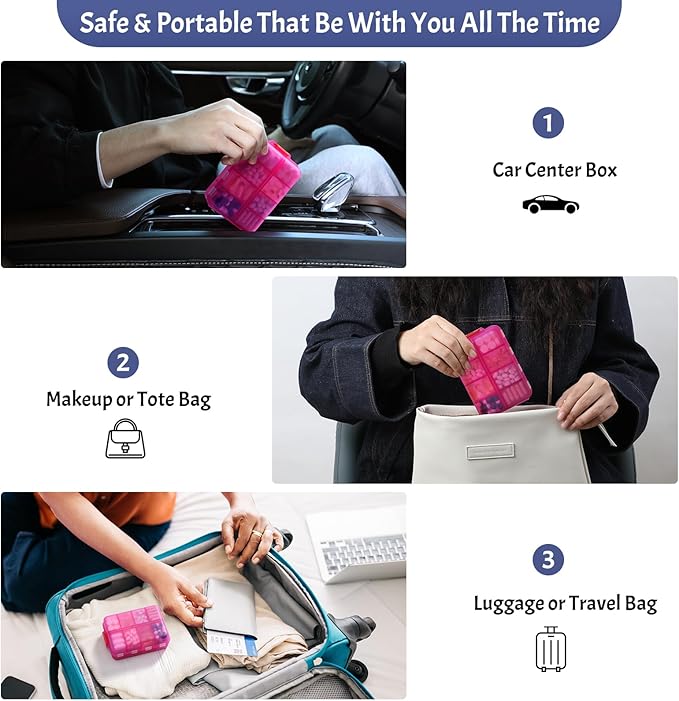 Foldable Weekly Pill Organizer 2 Times a Day with 2 Extra Compartments - Etched Labels - Portable 7 Day AM PM Medicine Box, Week Daily Travel Pill Case Holder for Meds, Vitamin, Supplement -Clear Pink