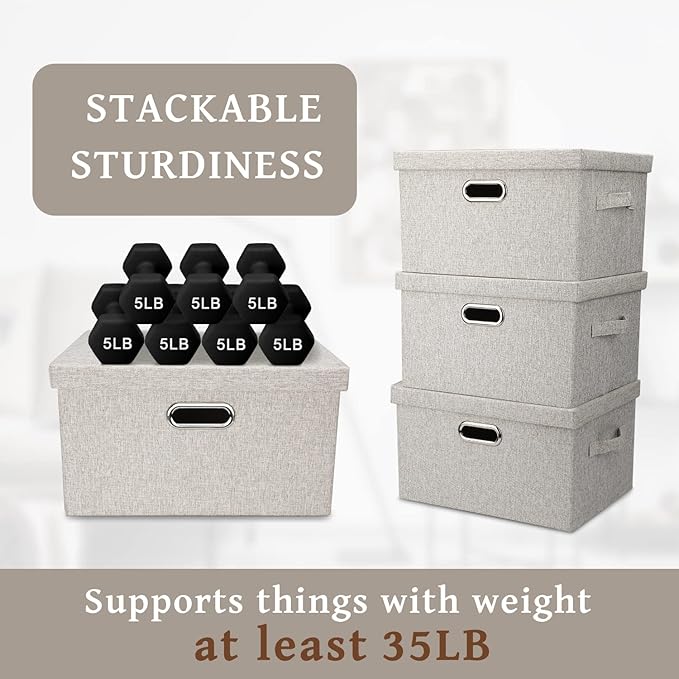 Graciadeco Medium 15" 21 Quart Collapsible Stackable Storage Bins with Lids, 1 Pack Beige Foldable Fabric Closet Storage Boxes with Lids, Heavy-duty Linen Baskets for Bedroom | 21 Quart 1 Pack Beige Collapsible Stackable Linen Fabric 4 Handles Bedroom ...