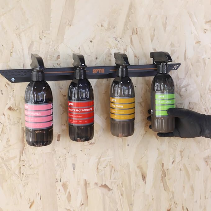 SPTA Spray Bottle Holder, Universal Detailing Spray Bottle Holder - Wall-Mounted Organizer for Mobile & Garage Detailing, Holds 6 Sprayers (16oz), Universal Lightweight Professional Accessory -OT011