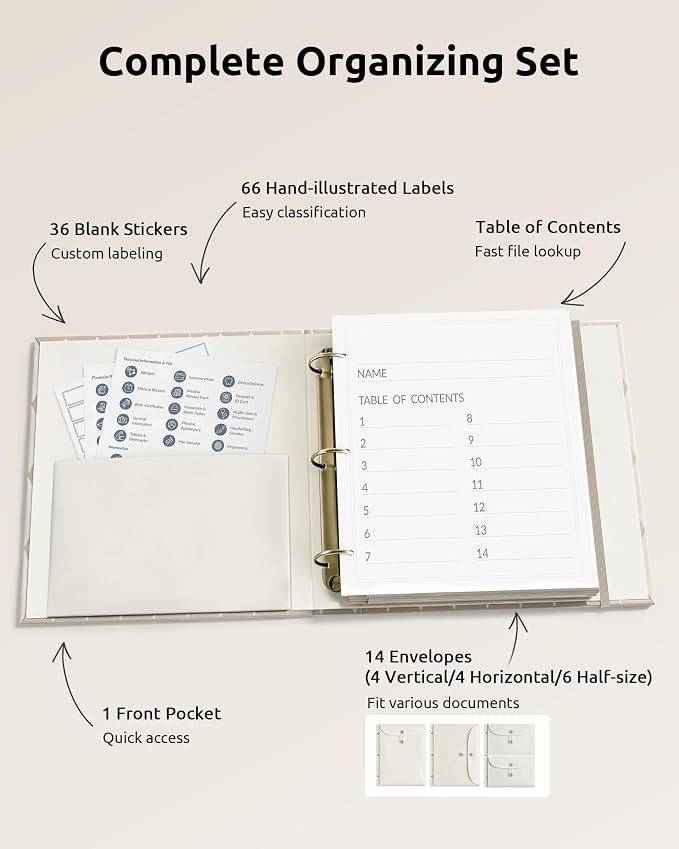 Oterri Premium Emergency Document Organizer for Families, Estate Planning Binder with Labels & Envelopes for Important Papers, Passports, Birth Certificates (Khaki, Large)