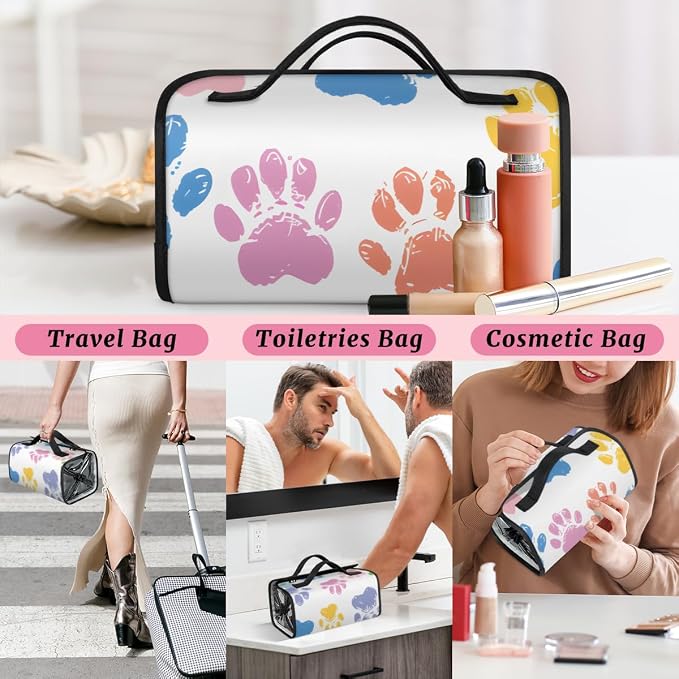 Colorful Dog Paw Makeup Bag for Women Hanging Roll-Up Travel Organizer Toiletry Kit with 4 Removable Compartments, Paw Print