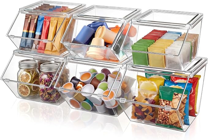 Yerliker 6 Pcs Clear Plastic Storage Bins with Lids Stackable Pantry Storage Organizer Kitchen Cabinet Organizers Ideal Containers for Coffee Pod Tea Sugar Bag Cabinet Home (Large+extra Large)