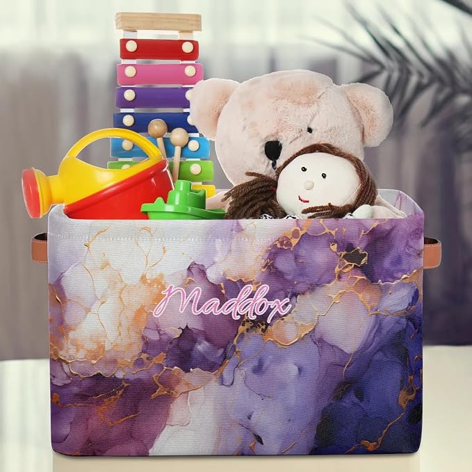 Personalized Storage Basket with Name, Rectangle Toys Storage Bin with Handles for Baby, Boys, Girls, Collapsible Basket for Clothes, Books, Purple Marble Background