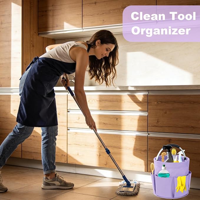 Cleaning Caddy with Handle, 17L Foldable Cleaning Supplies Organizer, Portable Storage Basket, Cleaning Supply Caddy, Multifunctional Cleaning Bucket Bag for Garden, Home, Kitchen (Purple)