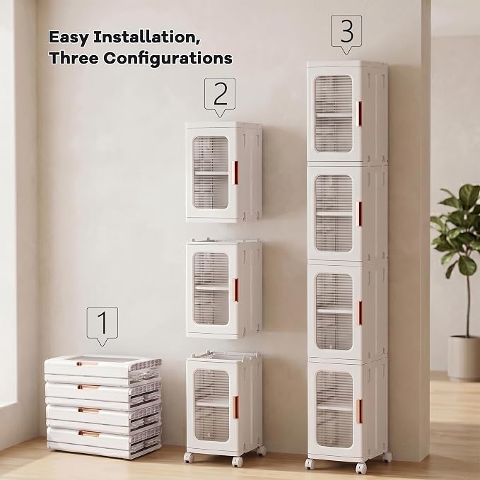 4-Tier Tall Narrow Plastic Storage Cabinet of 2, Foldable | Rolling Organizer with Lid,Doors,Stackable, Adjustable Shelves, Durable PP,Freestanding Bathroom Cabinet for Small Slim Space