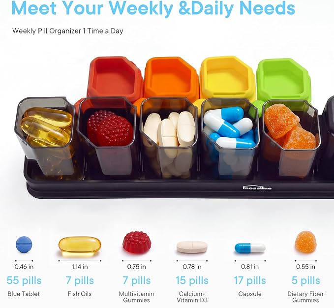 Medium-Large Weekly Pill Organizer 1 Time a Day, Multi-Colored | BPA-Free, Spill-Resistant, Detachable 1-a-Day Boxes, for Vitamins & Medication, Travel-Friendly, Velvet Pouch
