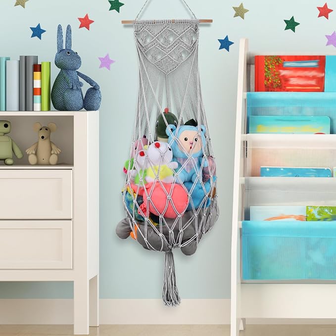 63 Inch Stuffed Animal Storage Corner,Macrame Toy Plushie Net,Gray | Wall Ceiling Over Door Hanging Hammock for Stuffed Animals,Toy Storage Display w/ Star Lights,Nursery Playroom Kid Room Decor