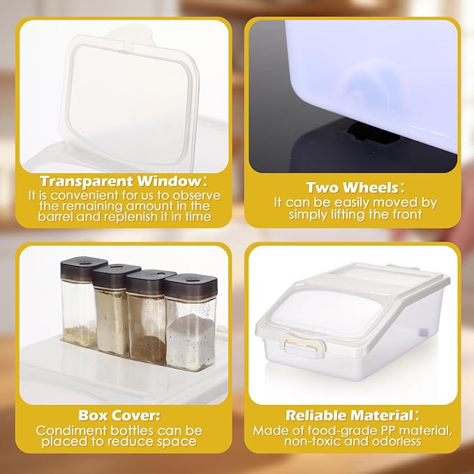 Blushtier 3 Pcs Rice Storage Container 11 lb Airtight Flour Container with Wheels Measuring Cup Clear Pet Food Dog Cat Birds Food Bin Grain Cereal Organizer Box for Dry Baking Supplies (White)