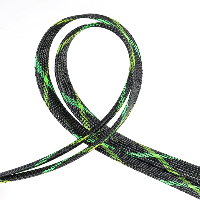 Braided Cable Sleeve, 33ft Expandable Wire Loom for Automotive Wiring Harness & PC Case, Pet-Proof Chew Resistant Cord Protector, Flexible Cable Management (Black-UV Green-UV Yellow, 25mm (1"))