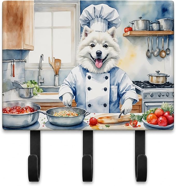 Caroline's Treasures American Eskimo The Chef Leash or Key Holder Wall Hooks, Key Hooks Holder, Coat Rack Wall Mount, Coat Hooks, Hooks for Hanging Keys, Towels, Aprons, Leashes | American Eskimo The Chef artwork on ceramic tile with three steel hooks ...