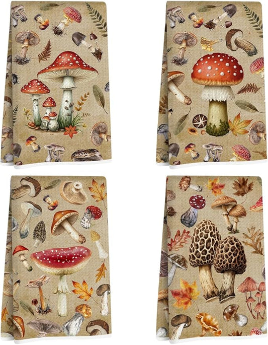 4 Pcs Vintage Mushroom Kitchen Towels, Rustic Botanical Decorative Absorbent Microfiber Dish Cloth Tea Towel, Waffle Soft Hand Towels for Farmhouse Home Bathroom Kitchen Decor, Mushroom Gifts