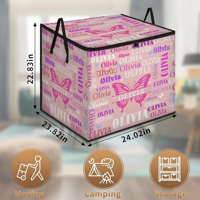 Custom Storage Baskets Cubes for Home with Name, Pale Pink Background Butterflies Large Foldable Organizer Collapsible Storage Bins for Home Blanket Comforters Clothes Closet Nursery