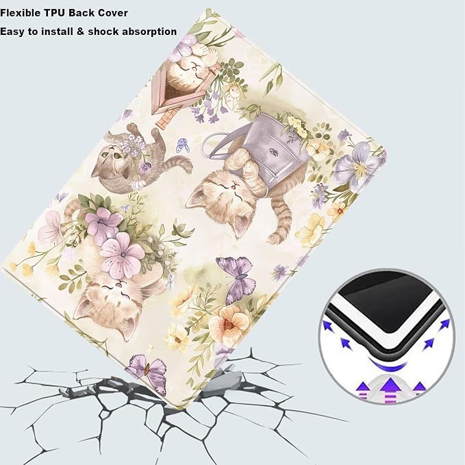 Tablet Case for iPad 10.2 Inch (9th/8th/7th Gen),Shockproof Protective Cover with Stand,Auto Wake/Sleep,Auto Wake/Sleep,Cat Flower Butterfly