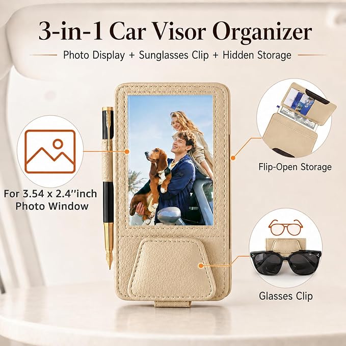 HOLDCY Car Visor Organizer with Registration Holder and Sunglasses Clip | Beige PU Faux Leather With Photo Window, Flip-Open Card Storage, Slim Profile And Tool-Free Setup; 1 Piece
