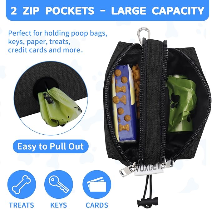 Dog Poop Bag Holder with Treat Pouch, 2 Zipper Pockets & Leash Clip | Waste Bag Dispenser with 1 Roll Poop Bags, Quick Access Treat Storage, Hands-Free Design for Dog Walking, Training & Travel