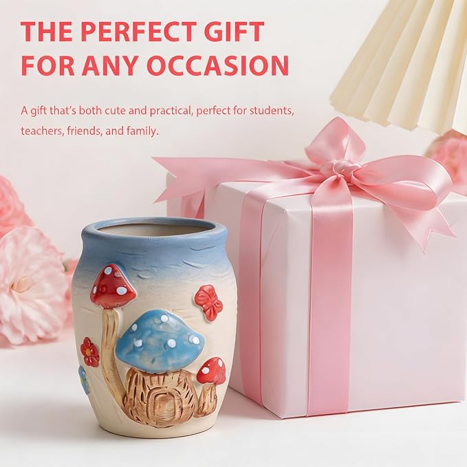 Ceramic Mushroom Shaped Pen Pencil Holder for Desk Decoration Accessories Mushroomb Decor Makeup Brush Pen Cups Office School Ideal Gifts for Women, Mom or Birthdays