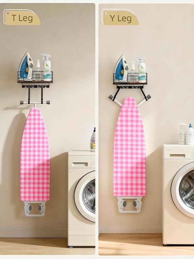 THYGIFTREE Ironing Board Hanger Wall Mount Adjustable Hooks Fits T & Y Shaped Boards, Iron Holder Metal Frame with Wood Shelf for Laundry Room Organization, Holds Iron, Steamer & Accessories