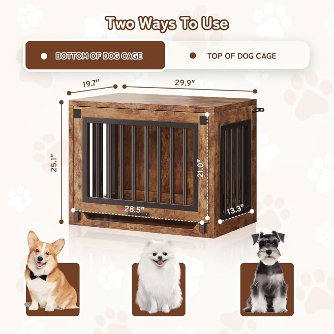 30" Small Dog Crate Furniture, Wooden Dog Kennel for Dogs up to 30 lbs, Heavy Duty Indoor Dog Cage with Hidden Sliding Door, Secure Safety Lock and Quiet Pads, Rustic Brown