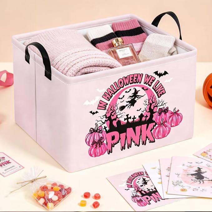 Pink Spooky Cute Witch Halloween Basket with Pumpkin Prints, Trick or Treat Storage basket for Gifts and Party Stuffers(Black Pink Halloween)