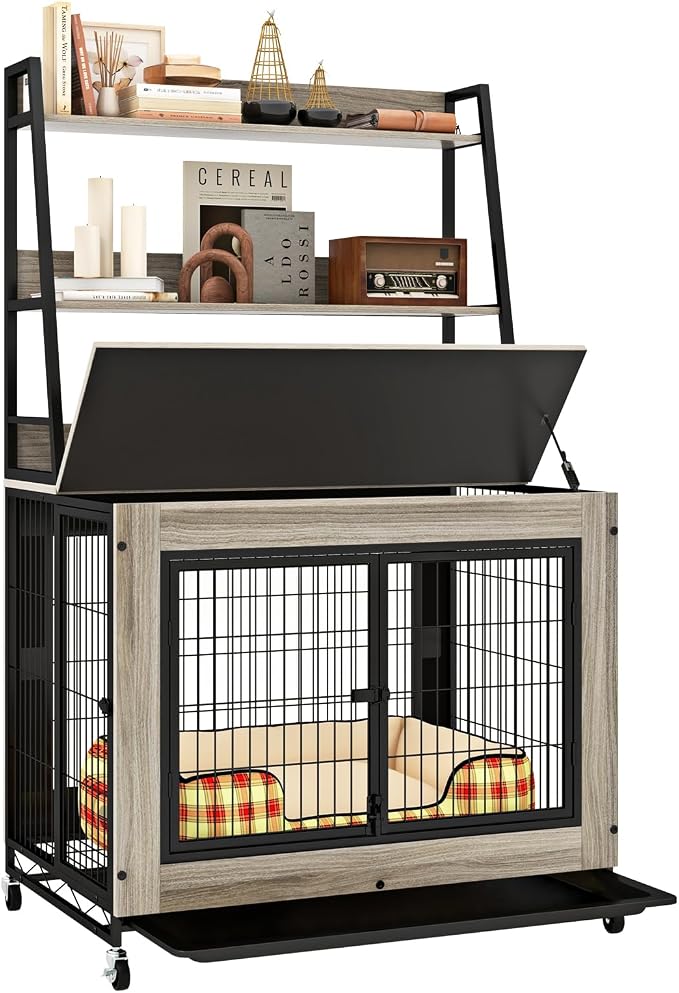 PETSITE Portable Dog Crate Furniture with Storage Shelves, 59 Inch Wooden Dog Kennel with Flip-up Top, 3 Lockable Doors and Removable Tray, Ideal for Small to Medium Dogs (Grey)