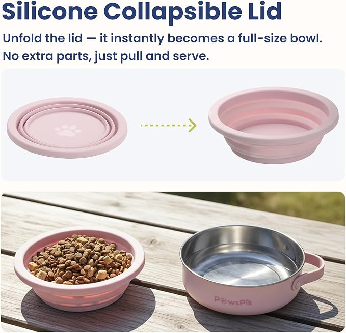 PawsPik 2-in-1 Travel Dog & Cat Bowl – Collapsible BPA-Free Silicone | 18/8 Stainless Steel, Portable & Non-Slip with Handle, Easy to Clean, Food & Water Bowl for On-the-Go Pets