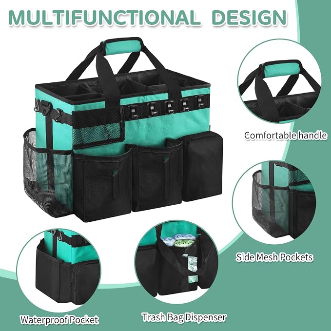 Boczif Cleaning Caddy Bag Wearable,Cleaning Caddy Supplies Organizer(Green) | with Handle, Shoulder Straps & Detachable Divide, Cleaning Tool Organizers Tote Bag for Cleaners & Housekeepers