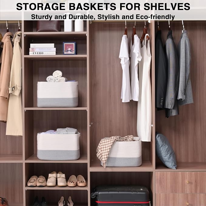 Grey Storage Baskets for Organizing Shelves, Woven Cotton Rope Baskets for Storage, Dog Toy Basket Storage Kids, Gray Shelf Basket, 14.8"×11"×9.5", Pack of 3, Off White & Grey