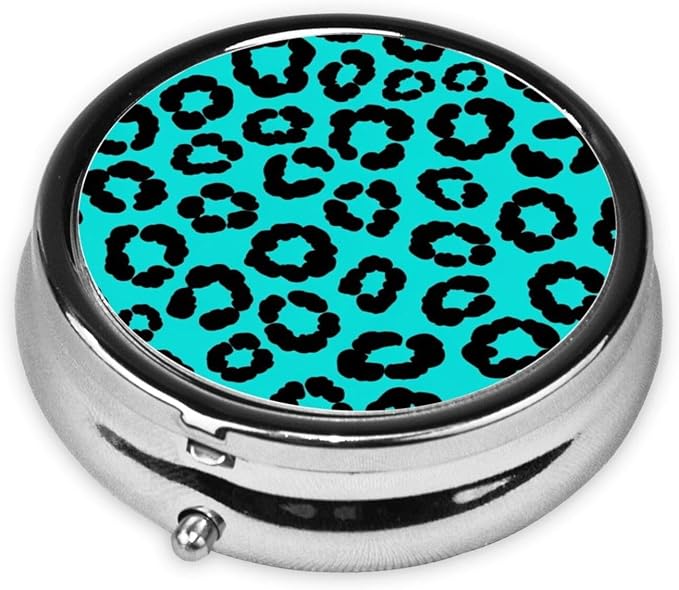 Compact Pill Container, Round Mini Box with Mirror, Travel Organizer for Supplements, Pocket Purse Holder for Daily Routine, Cheetah Blue and Black Leopard Print
