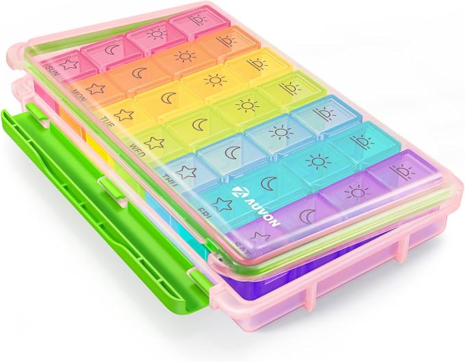 AUVON Large Moisture-Proof Weekly Pill Organizer 4 Times a Day, BPA-Free | 7 Day Pill Box Case with Portable Design for Travel, Removable Individual Containers Hold Vitamins, Supplements, Medications