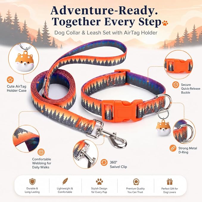 Matching Dog Collar and Leash Set with AirTag Holder-Forest/XS | Anti-Lost,Adjustable Durable Pet Collar Leash Combo for Puppy X-Small Boy Girl Dogs,Outdoor Walking Hiking Training Running