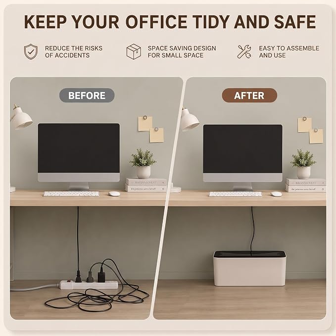 Cable Management Box, Dust-Proof & Heat Dissipation Cord Organizer, Hide Power Strips and Messy Wires, 11.8" (L) x 4.3" (W) x 4.5" (H), Home Office Desk Accessories, Includes 3 Stickers & Straps