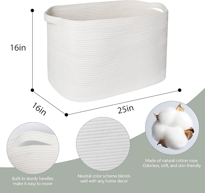 108L Extra Large Storage Basket, 25" x 16" x 16" White Blanket Basket Living Room, Oversized Cotton Rope Blanket Storage, Woven Kids Dog Toy Bin Box Organizer, Laundry Shoes Towel Bin, White